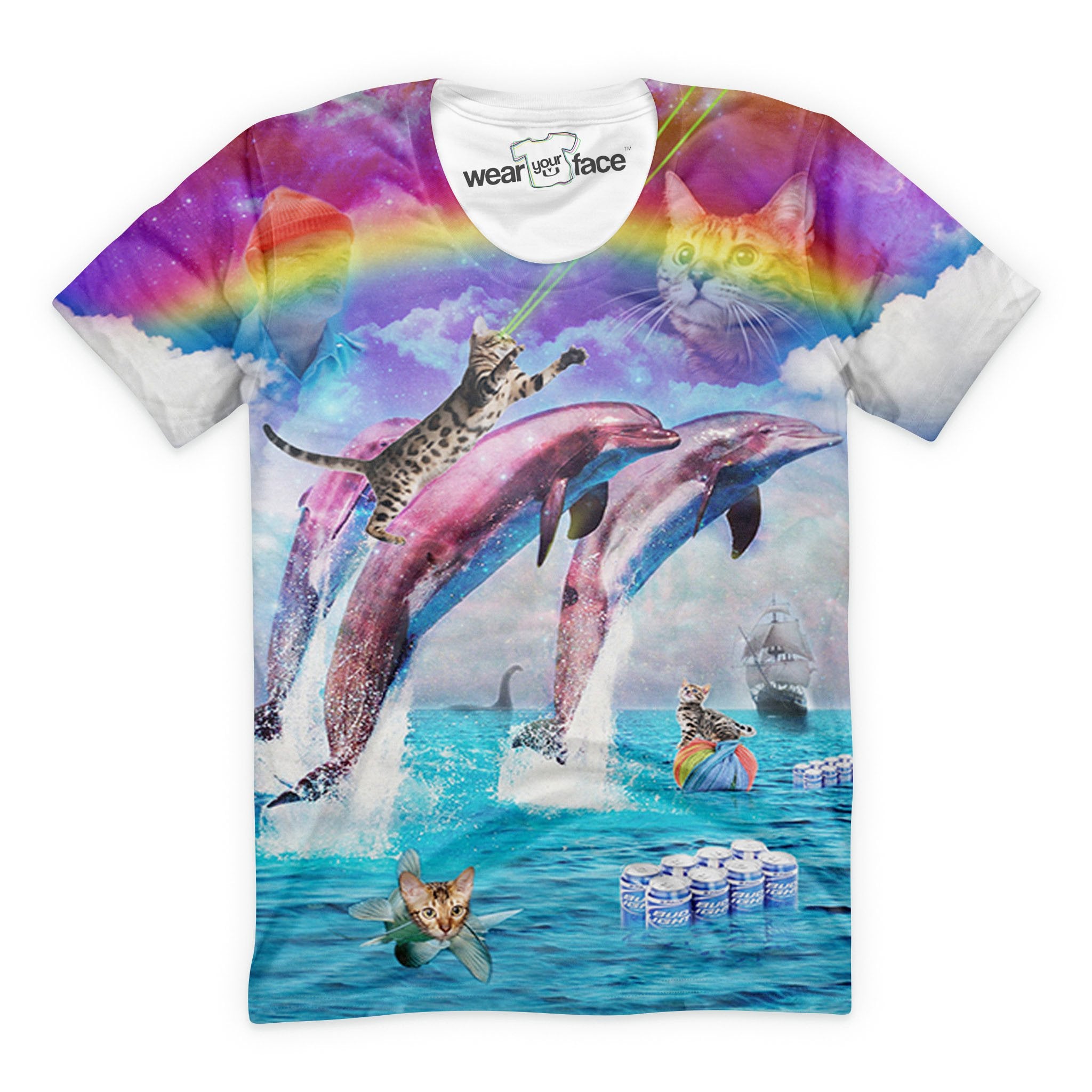 Cat Riding Dolphins Into The Sea T-Shirt