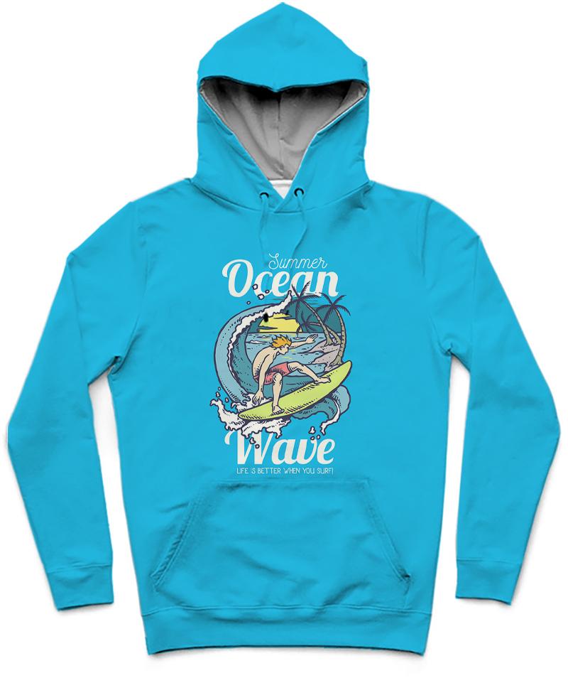 Ocean Wave Trendy All-Over Print Solid Summer Sky Hoodie