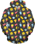 Junk Food Pattern Gray Zip-Up Hoodie