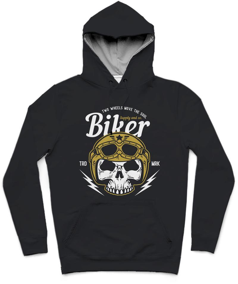 Biker Skull Trendy All-Over Print Solid Black Russian Hoodie