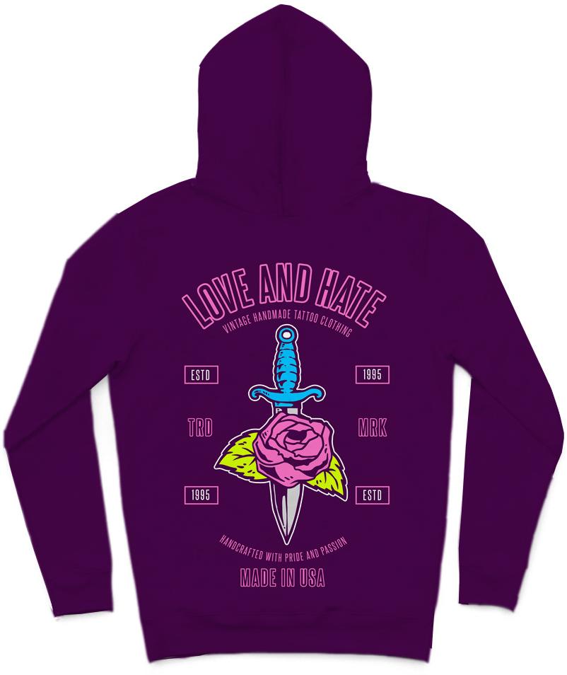Love And Hate Trendy All-Over Print Solid Purple Hoodie