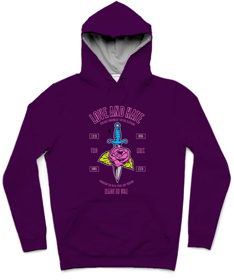 Love And Hate Trendy All-Over Print Solid Purple Hoodie