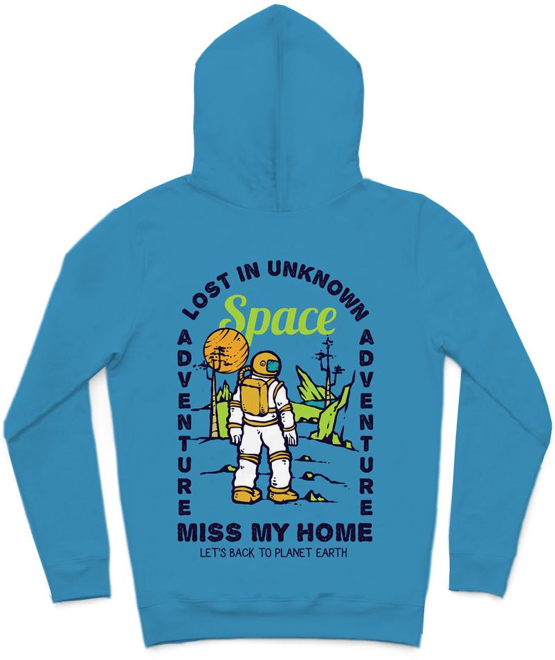 Lost In Space Trendy All-Over Print Solid Curious Blue Hoodie