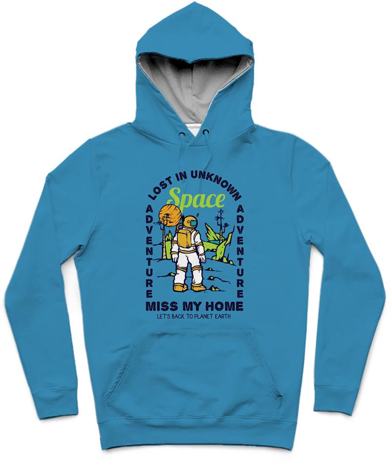 Lost In Space Trendy All-Over Print Solid Curious Blue Hoodie