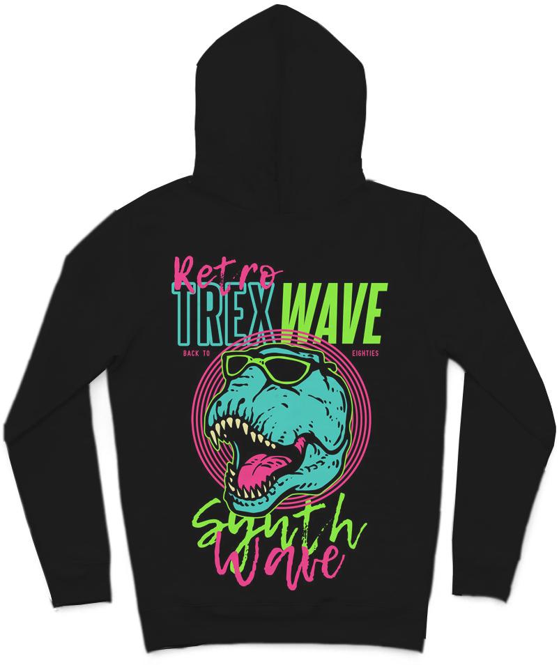 Retro T-Rex Wave Trendy All-Over Print Solid Black Hoodie
