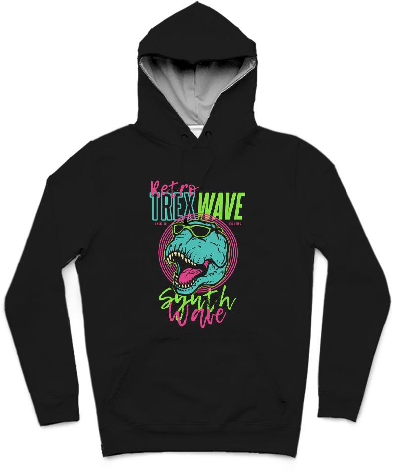 Retro T-Rex Wave Trendy All-Over Print Solid Black Hoodie