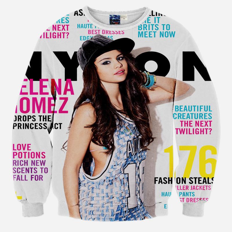 Selena Gomez All Over Print Nylon Magazine Cover White Crew Neck Sweatshirt