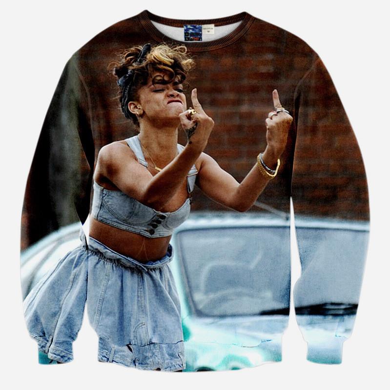 Fuck You Too All Over Print Rihanna Bad Girl 2 Middle Fingers Up Brown Crew Neck Sweatshirt