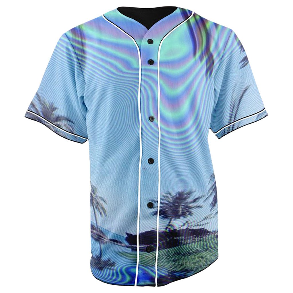 Nineteen Seventies Palm Trees Sky Blue Button Up Baseball Jersey