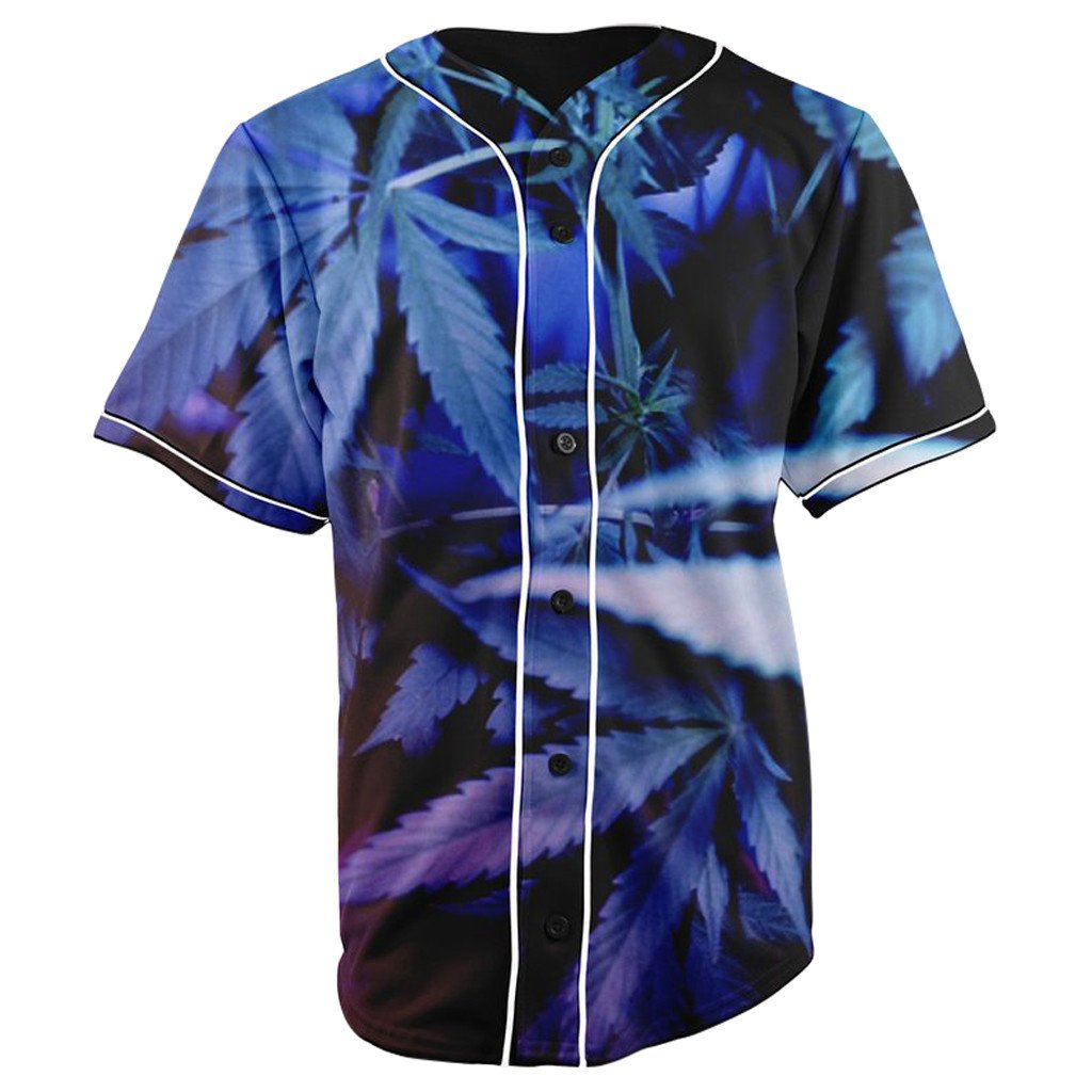 Marijuana Leaf Blue Button Up Baseball Jersey