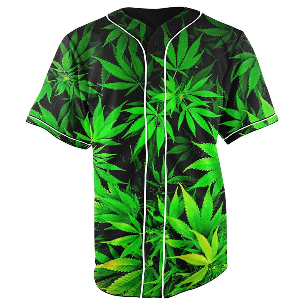 Weed Leaf Green & Black Button Up Baseball Jersey