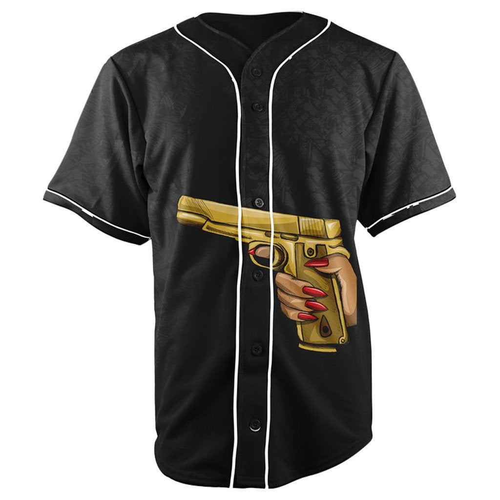 A Girls Gold Gun Black Button Up Baseball Jersey