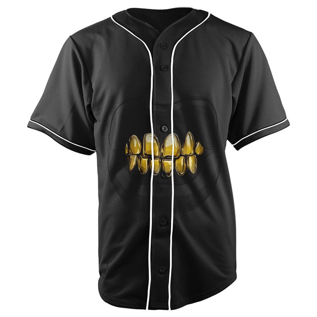 Gold Grillz Black Button Up Baseball Jersey