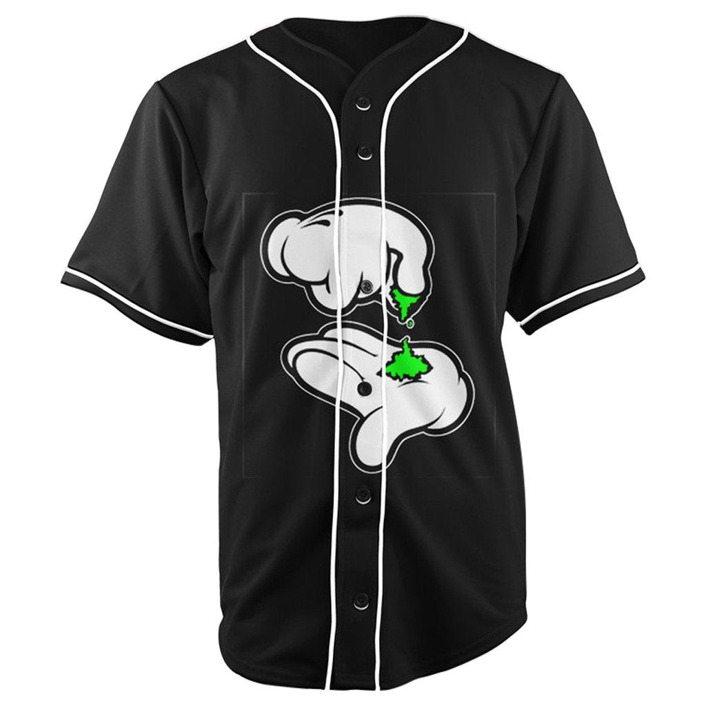 Mickey Hands Rolling Up Black Button Up Baseball Jersey