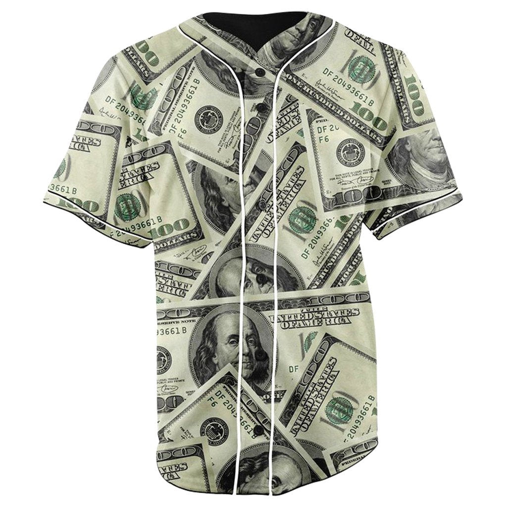 One Hundred Dollar Bill Collage Button Up Baseball Jersey