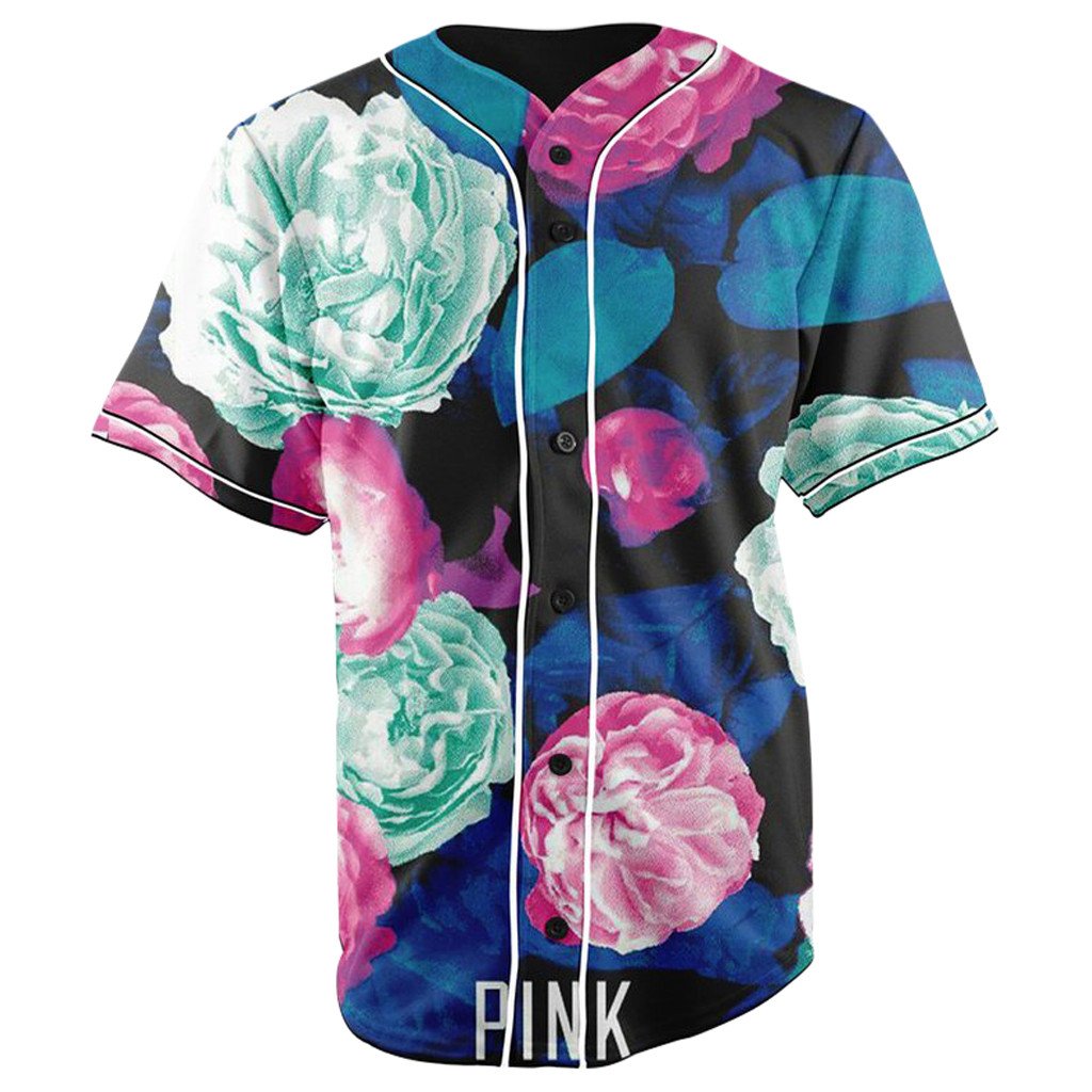 Victoria Secret Pink Neon Roses V2 Button Up Baseball Jersey