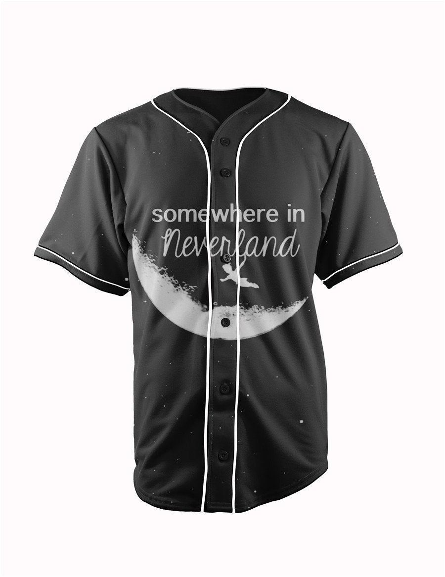 Peter Pan Somewhere In Neverland Black Button Up Baseball Jersey