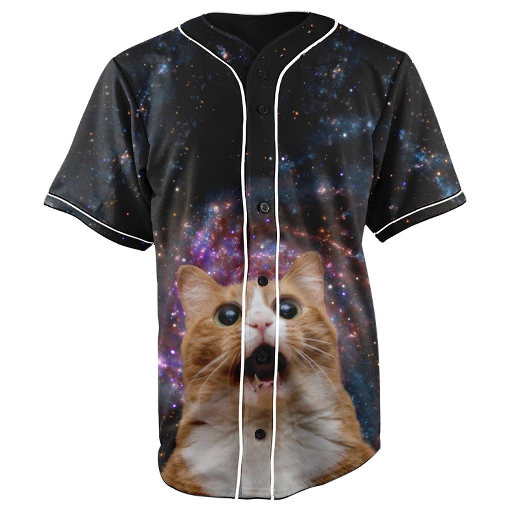 Trippy Cat In Space Black Button Up Baseball Jersey