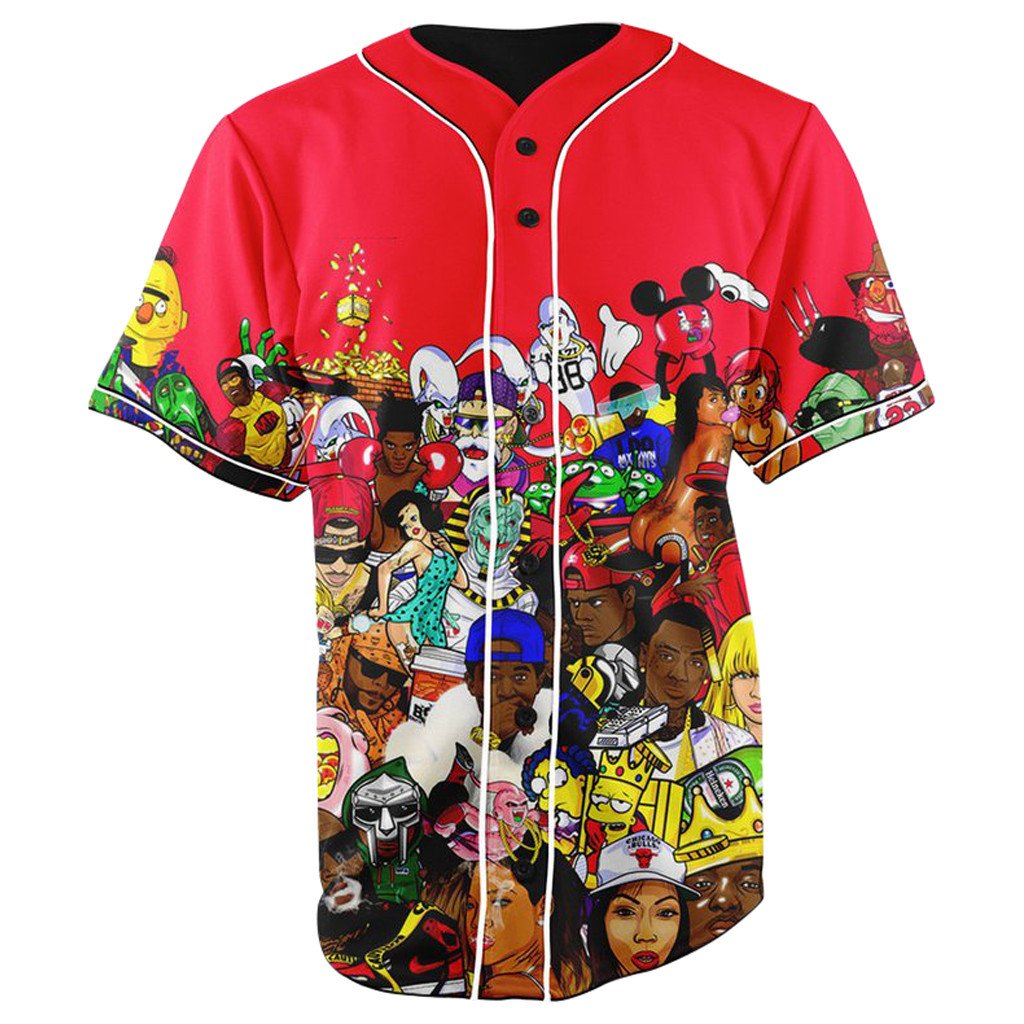 Hip Hop Collage Red Button Up Baseball Jersey