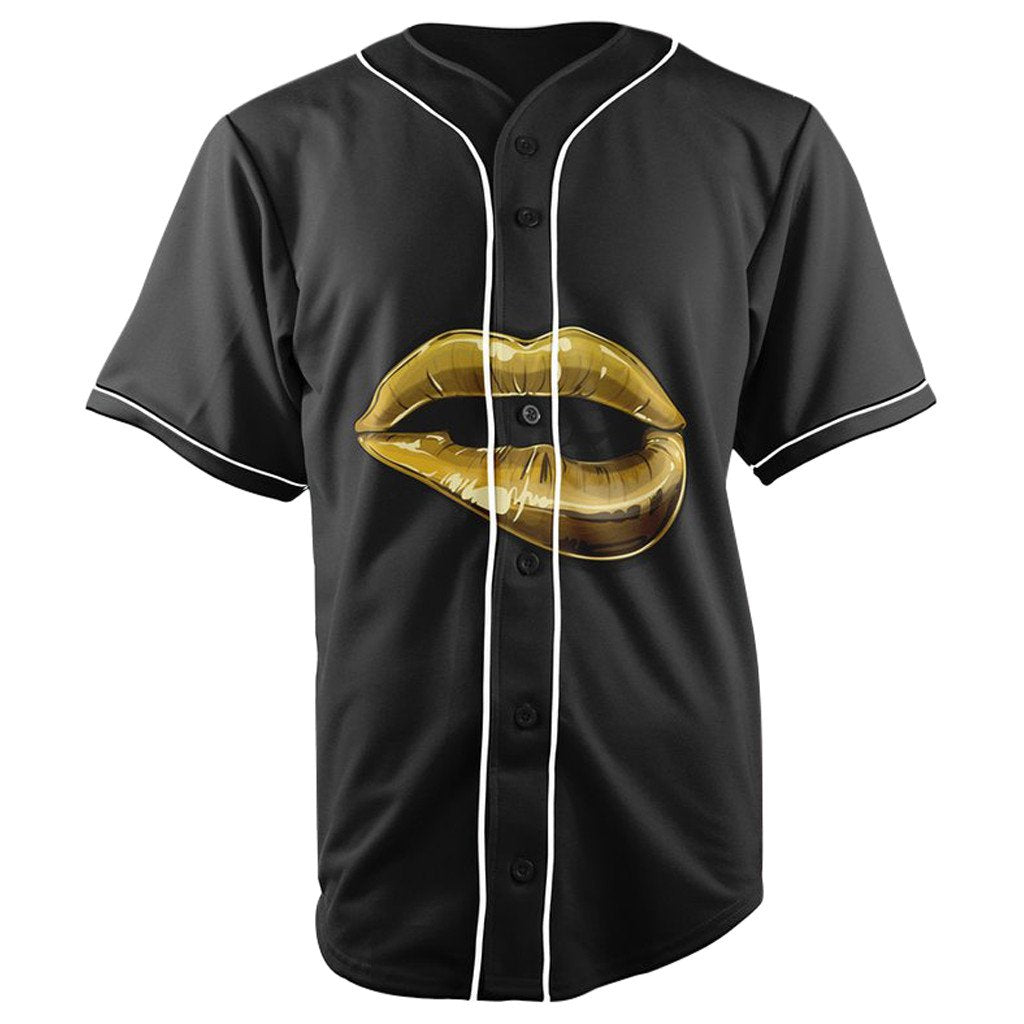 Gold Lips Black Button Up Baseball Jersey