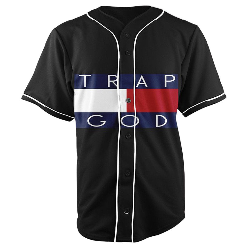 Trap God Black Button Up Baseball Jersey
