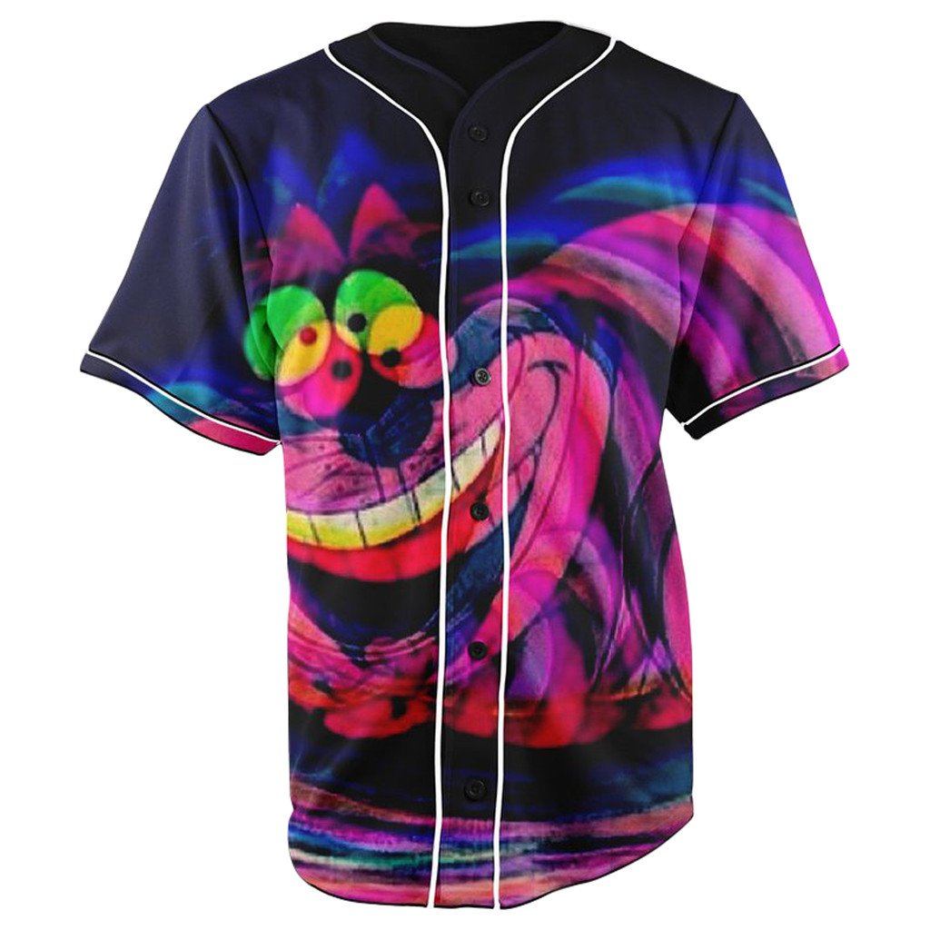 Trippy Cheshire Cat Dark Blue Button Up Baseball Jersey