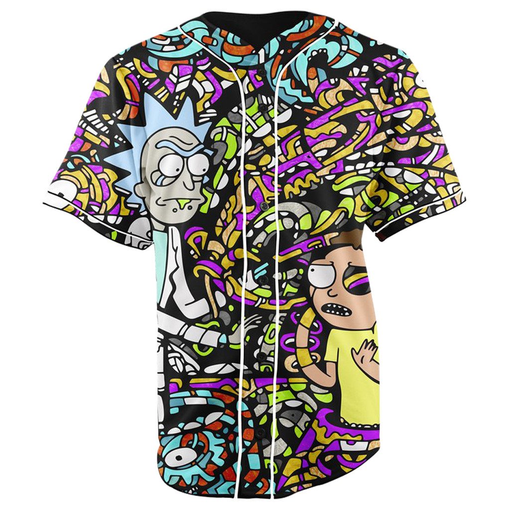 Trippy Rick and Morty Purple Button Up Baseball Jersey