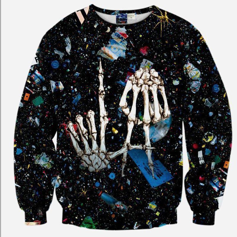 Los Angeles LA Skeleton Hands Space Galaxy Crew Neck Sweatshirt Men & Women Harajuku Style All Over Print Black Sweater