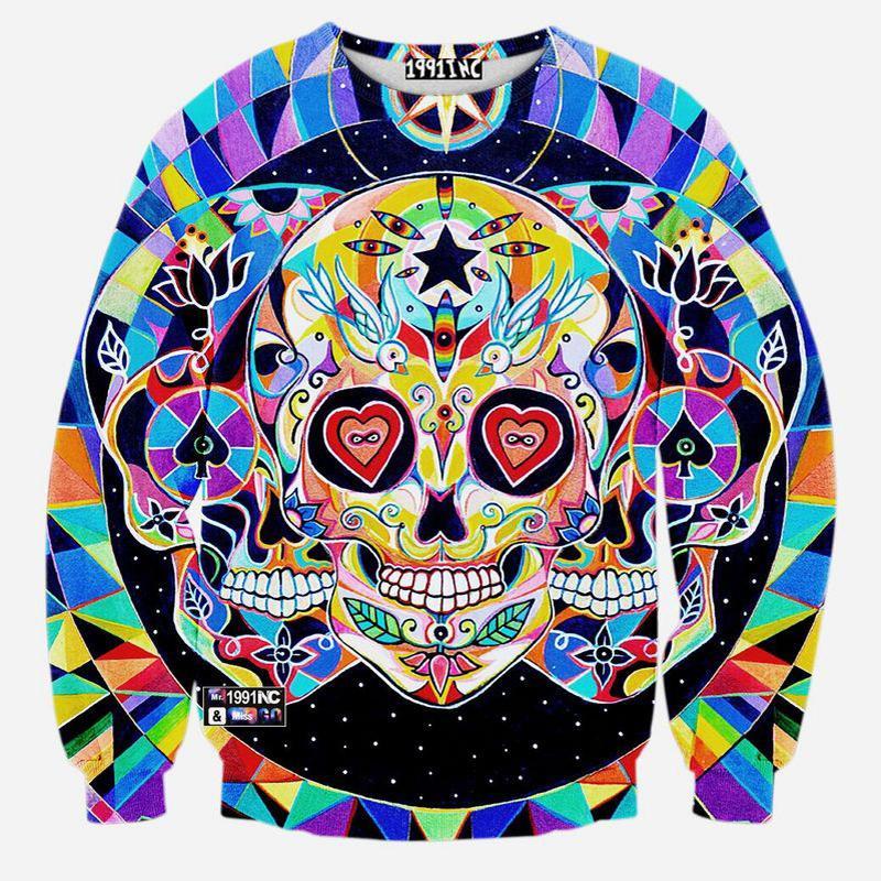 Space Galaxy Hipster Skulls Crew Neck Sweatshirt Men & Women King Of Hearts Spades Skulls In Space Harajuku Style All Over Print Blue Colorful Sweater