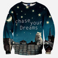 Chase Your Dreams Crew Neck Sweatshirt Men & Women Cats Kitten Harajuku Style All Over Print Cat Sweater