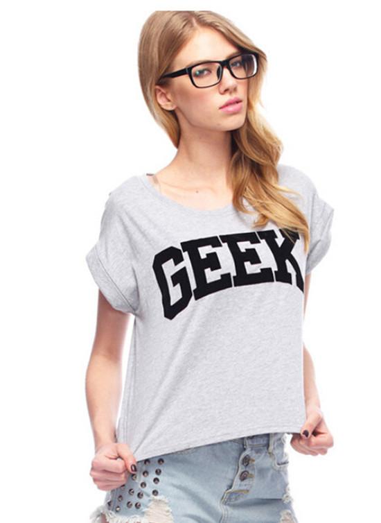 Summer Style Geek Printed Grey & Black Women's Fashion Short Sleeve Lady Harajuku Style Hipster Tee Top T-shirt