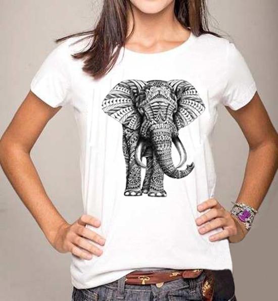 Summer Style Elephant Printed White Women's Fashion Short Sleeve Lady Harajuku Style Hipster Tee Top T-Shirt