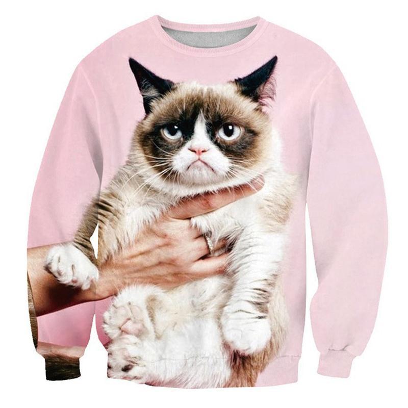 Grumpy Cat Crew Neck Sweatshirt Men & Women Harajuku Style All Over Print Pink Sweater