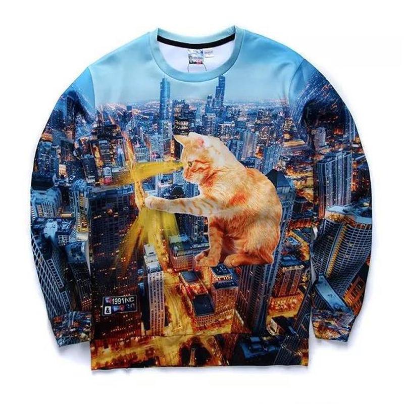Kitty Zilla Crew Neck Sweatshirt Men & Women Godzilla Harajuku Style All Over Print Blue Sweater