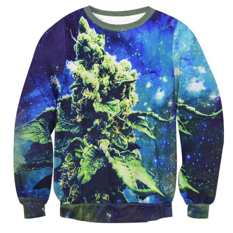 High On Weed Crew Neck Sweatshirt Men & Women Weed in Space Harajuku Style All Over Print Blue Sweater