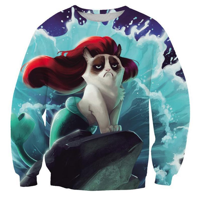 The Little Mermaid Crew Neck Sweatshirt Men & Women Cats Harajuku Style All Over Print Blue Sweater