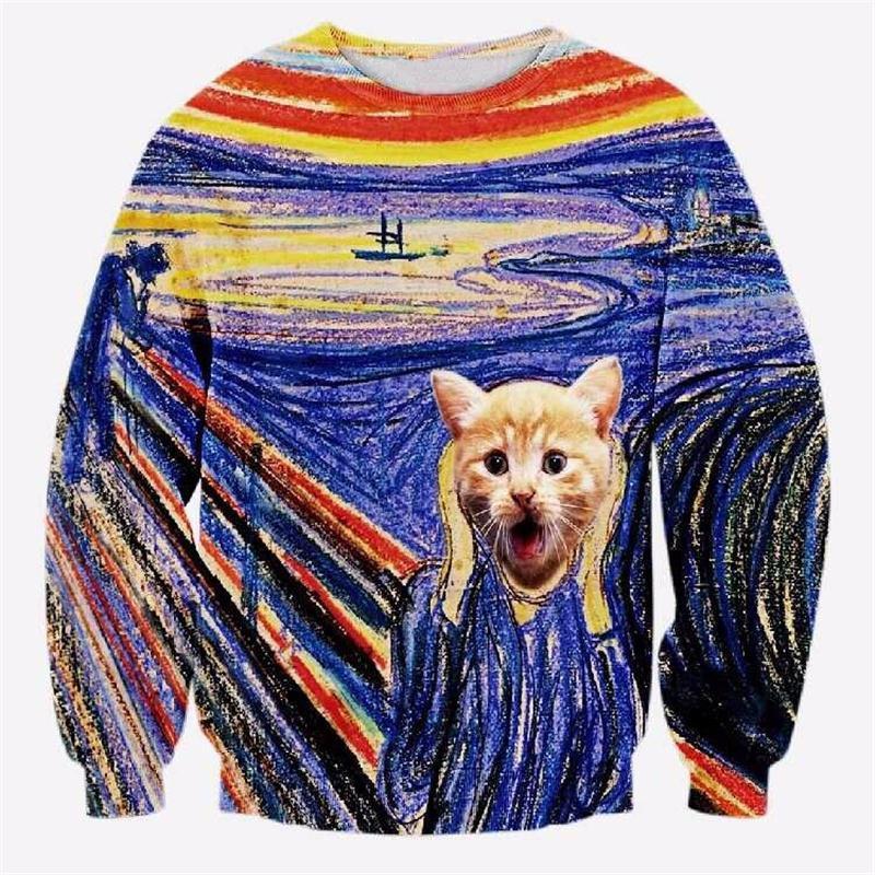 The Scream Crew Neck Sweatshirt Men & Women Edvard Munch Famous Painting Harajuku Style Cats All Over Print Blue Sweater