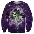 Kitty In Space Crew Neck Sweatshirt Men & Cats in Space Floral Harajuku Style All Over Print Purple Sweater
