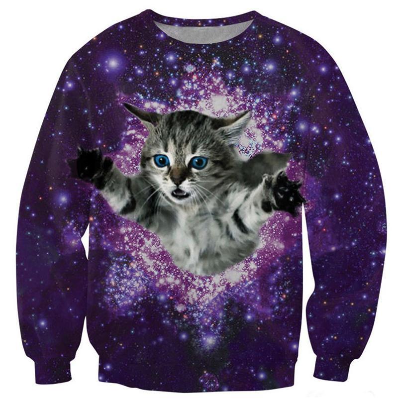 Kitty In Space Crew Neck Sweatshirt Men & Cats in Space Floral Harajuku Style All Over Print Purple Sweater