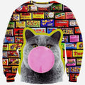 Bubble Gum Cat Crew Neck Sweatshirt Men & Women Flowers Floral Harajuku Style All Over Print Blue Sweater