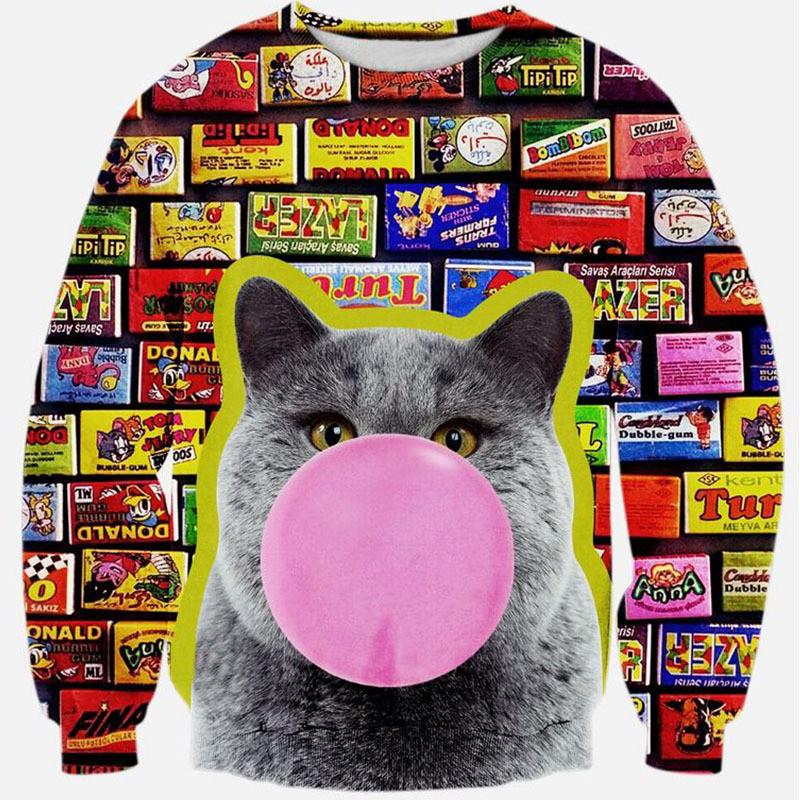Bubble Gum Cat Crew Neck Sweatshirt Men & Women Flowers Floral Harajuku Style All Over Print Blue Sweater