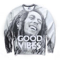 Good Vibes All Over Print Black & White Bob Marley Tribute Crew Neck Sweatshirt