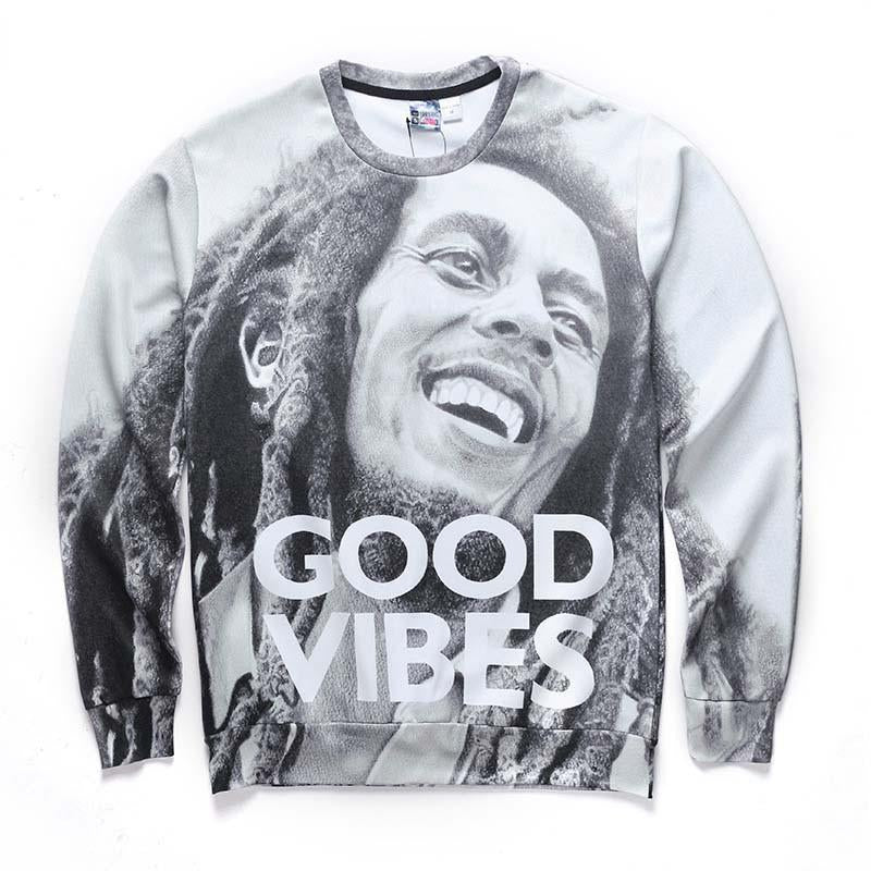 Good Vibes All Over Print Black & White Bob Marley Tribute Crew Neck Sweatshirt