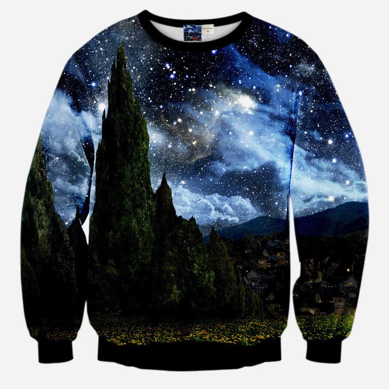 Universe Above The Forest All Over Print Blue Green & Black Crew Neck Sweatshirt