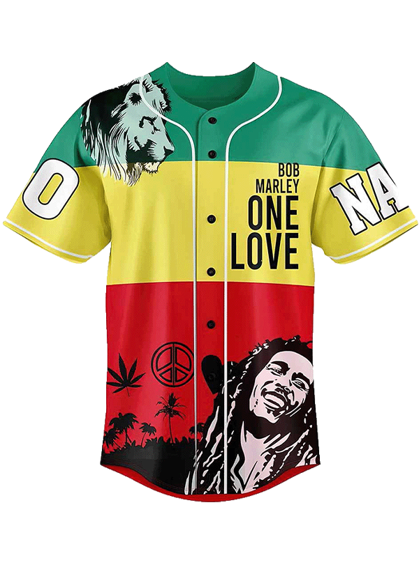 Bob Marley Red & Green Button Up Baseball Jersey