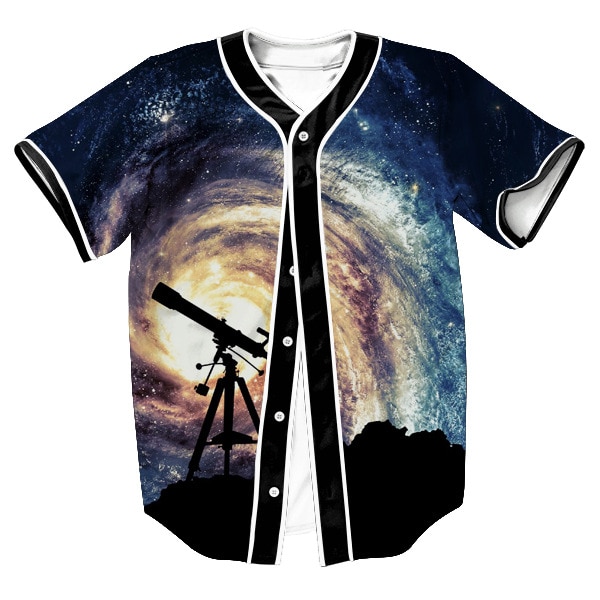 Mens Hipster Hiphop Button Down Baseball Jersey Short Sleeve Shirt 2018 Funny 3D Star Telescope Printed1
