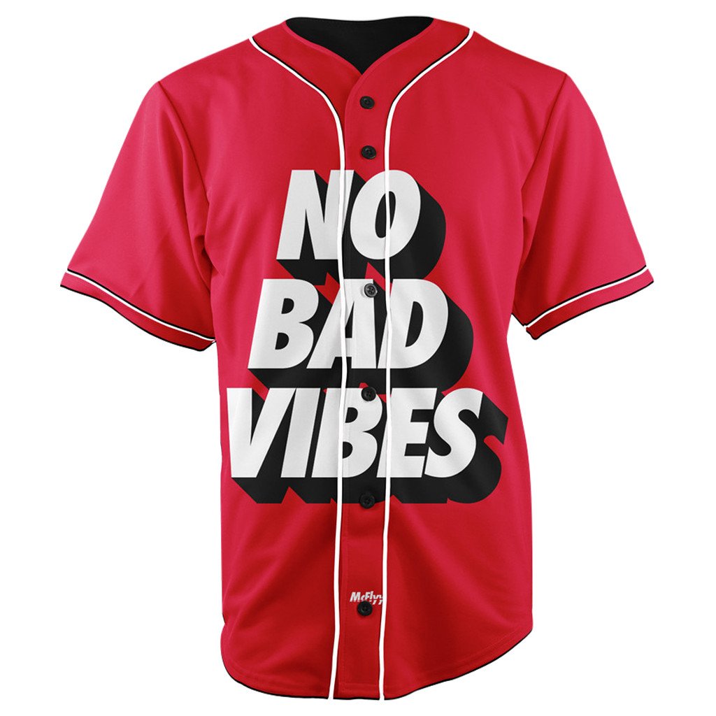 No Bad Vibes Red Button Up Baseball Jersey »