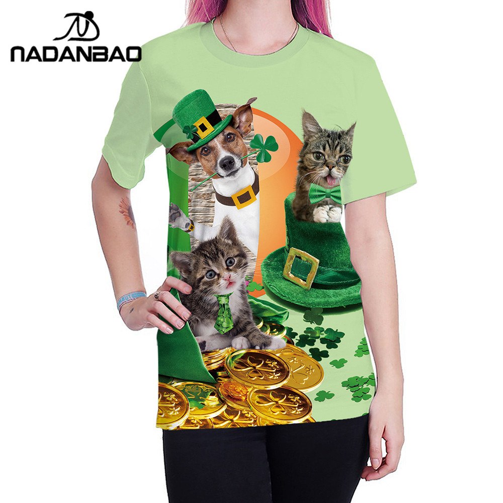NADANBAO Funny Green Hat Animals Pattern T-Shirt For Unisex St. Patrick Day Shirt Gift Cute Women T Shirt Leaf Clover Tee Top 2